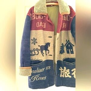 Vintage Rue Grenelle wool coat jacket print blue red cozy retro street style 7/L